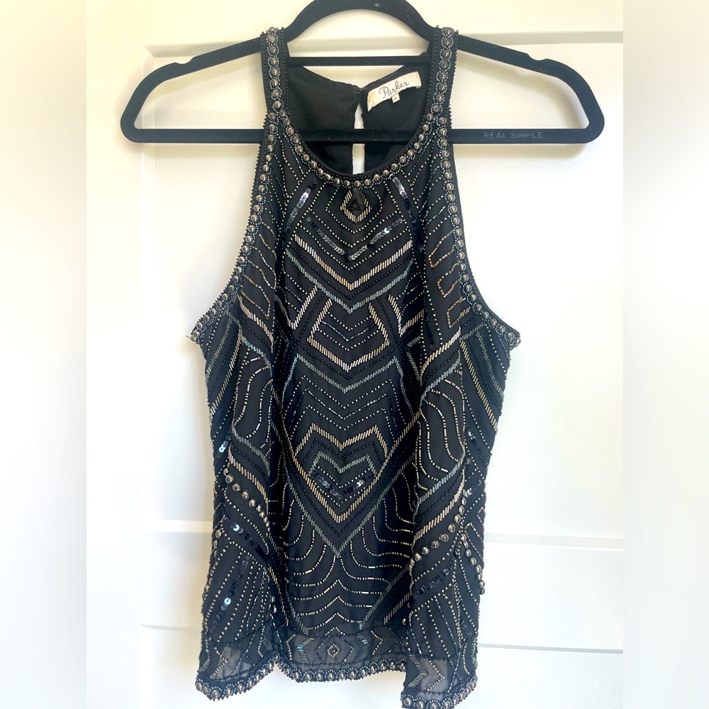 Parker Beaded Pittsburgh Chiffon Blouse, Black, Size Small